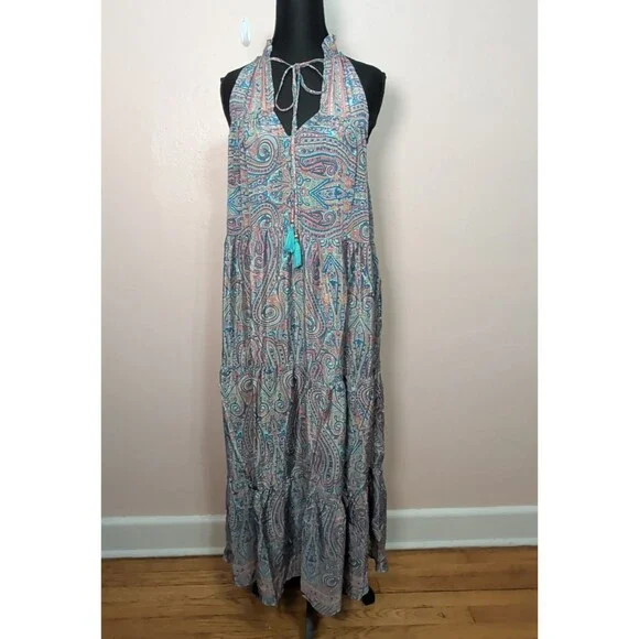 Rhea Women One Size Silk Blend Teal Pink Paisley Maxi Dress Boho Tiered Festival - Picture 3 of 10